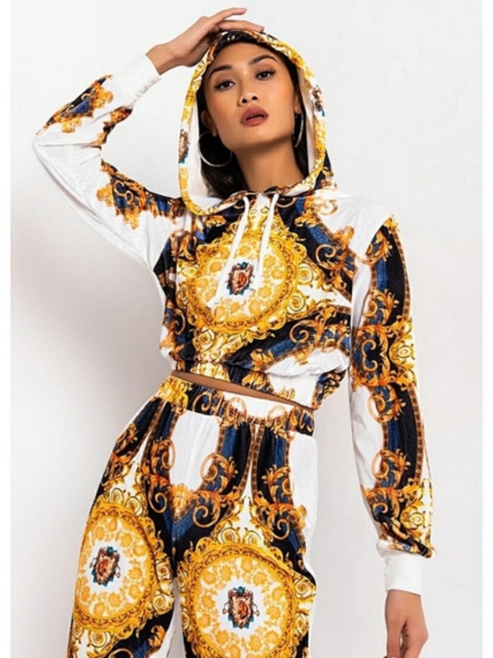AKIRA White, Gold & Navy Printed Hoodie Jogger Set